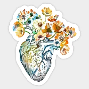 Human heart, watercolor wild flowers, floral, plant lovers, Heart, anatomical heart Sticker